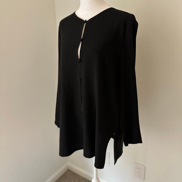 Eileen Fisher black silk long sleeve button front top size M - Picture 2 of 11